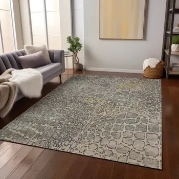 5' X 8' Ivory Gray And Black Abstract Washable Indoor Outdoor Area Rug