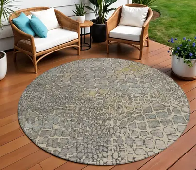 8' Ivory Gray And Black Round Abstract Washable Indoor Outdoor Area Rug