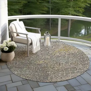 8' Ivory Gray And Black Round Abstract Washable Indoor Outdoor Area Rug