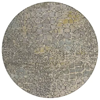 8' Ivory Gray And Black Round Abstract Washable Indoor Outdoor Area Rug