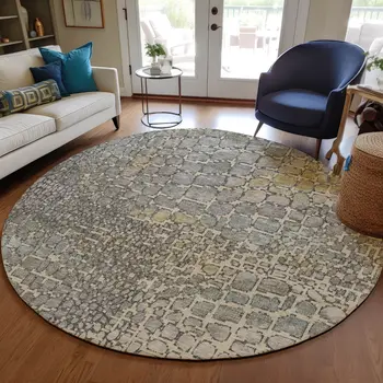 8' Ivory Gray And Black Round Abstract Washable Indoor Outdoor Area Rug