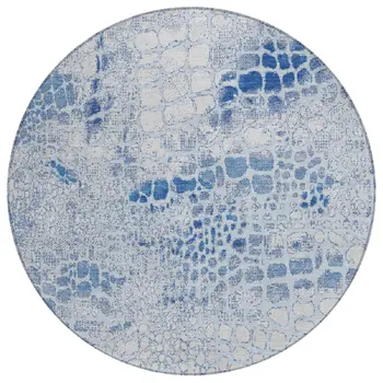 8' Sky Blue And Ivory Round Abstract Washable Indoor Outdoor Area Rug