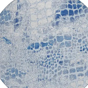 8' Sky Blue And Ivory Round Abstract Washable Indoor Outdoor Area Rug