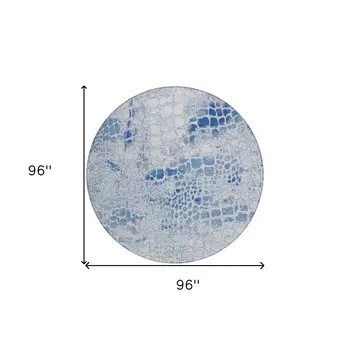 8' Sky Blue And Ivory Round Abstract Washable Indoor Outdoor Area Rug