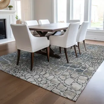 3' X 5' Silver Blue And Brown Abstract Washable Indoor Outdoor Area Rug