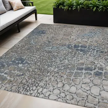 5' X 8' Silver Blue And Brown Abstract Washable Indoor Outdoor Area Rug
