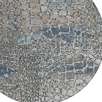 8' Silver Blue And Brown Round Abstract Washable Indoor Outdoor Area Rug