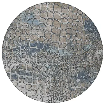8' Silver Blue And Brown Round Abstract Washable Indoor Outdoor Area Rug