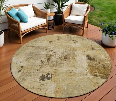 8' Beige And Brown Round Abstract Washable Indoor Outdoor Area Rug