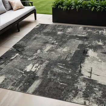 5' X 8' Black Gray And Ivory Abstract Washable Indoor Outdoor Area Rug
