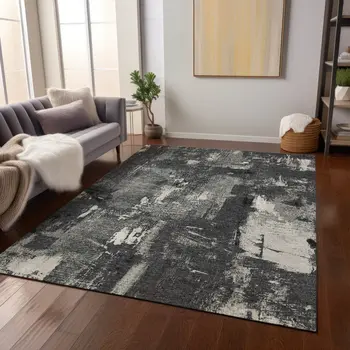 9' X 12' Black Gray And Ivory Abstract Washable Indoor Outdoor Area Rug
