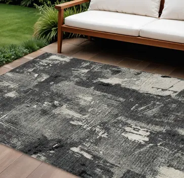 10' X 14' Black Gray And Ivory Abstract Washable Indoor Outdoor Area Rug