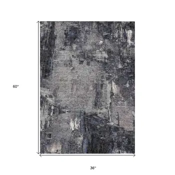 3' X 5' Charcoal Ivory And Blue Abstract Washable Indoor Outdoor Area Rug