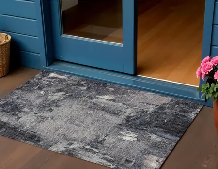 3' X 5' Charcoal Ivory And Blue Abstract Washable Indoor Outdoor Area Rug