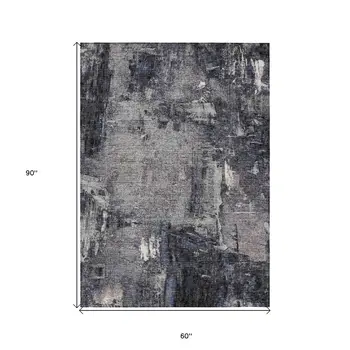 5' X 8' Charcoal Ivory And Blue Abstract Washable Indoor Outdoor Area Rug