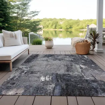 5' X 8' Charcoal Ivory And Blue Abstract Washable Indoor Outdoor Area Rug