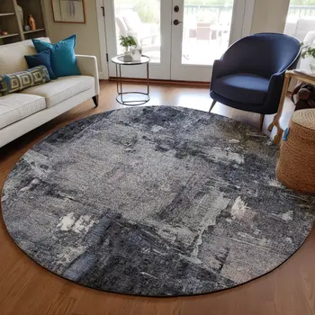 8' Charcoal Ivory And Blue Round Abstract Washable Indoor Outdoor Area Rug
