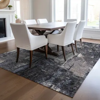 8' X 10' Charcoal Ivory And Blue Abstract Washable Indoor Outdoor Area Rug