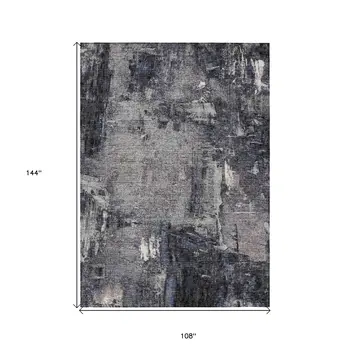 9' X 12' Charcoal Ivory And Blue Abstract Washable Indoor Outdoor Area Rug