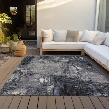 9' X 12' Charcoal Ivory And Blue Abstract Washable Indoor Outdoor Area Rug