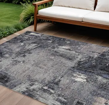 10' X 14' Charcoal Ivory And Blue Abstract Washable Indoor Outdoor Area Rug