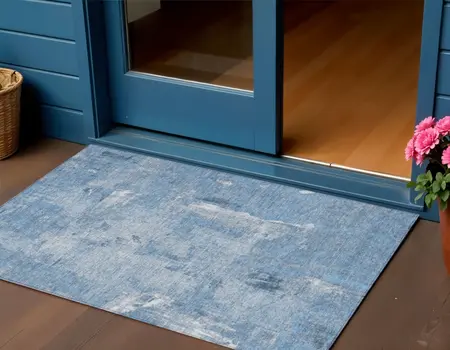 3' X 5' Denim Blue And Ivory Abstract Washable Indoor Outdoor Area Rug