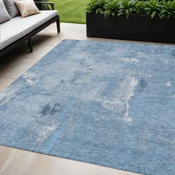 5' X 8' Denim Blue And Ivory Abstract Washable Indoor Outdoor Area Rug
