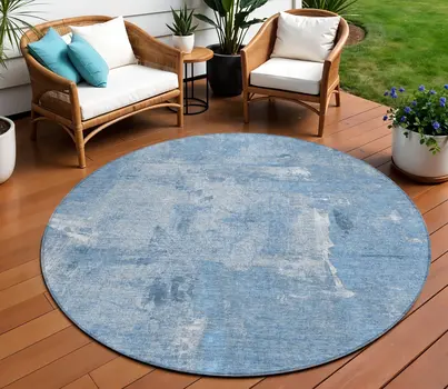 8' Denim Blue And Ivory Round Abstract Washable Indoor Outdoor Area Rug