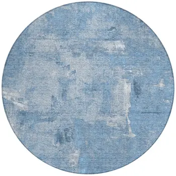 8' Denim Blue And Ivory Round Abstract Washable Indoor Outdoor Area Rug