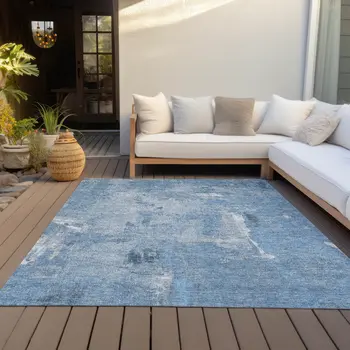 8' X 10' Denim Blue And Ivory Abstract Washable Indoor Outdoor Area Rug