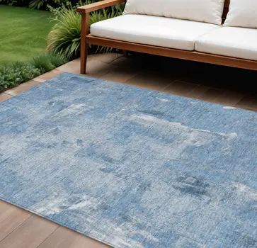 9' X 12' Denim Blue And Ivory Abstract Washable Indoor Outdoor Area Rug