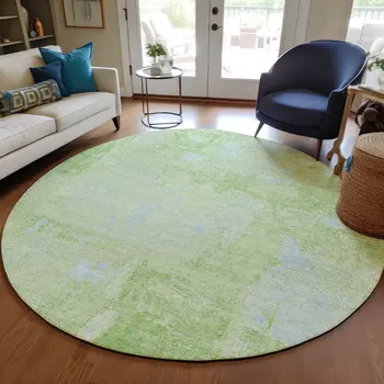 8' Green And Sky Blue Round Abstract Washable Indoor Outdoor Area Rug