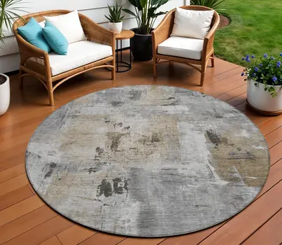 8' Gray Ivory And Brown Round Abstract Washable Indoor Outdoor Area Rug