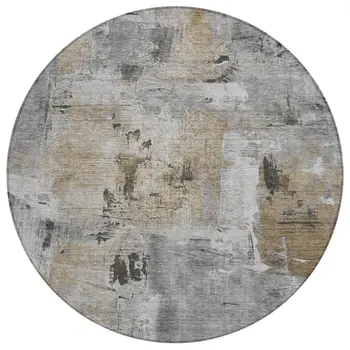 8' Gray Ivory And Brown Round Abstract Washable Indoor Outdoor Area Rug