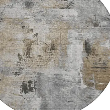 8' Gray Ivory And Brown Round Abstract Washable Indoor Outdoor Area Rug
