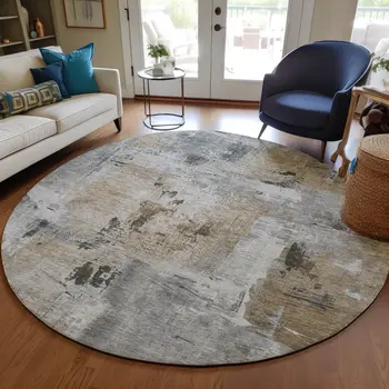 8' Gray Ivory And Brown Round Abstract Washable Indoor Outdoor Area Rug