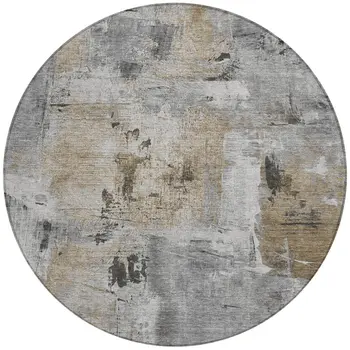 8' Gray Ivory And Brown Round Abstract Washable Indoor Outdoor Area Rug