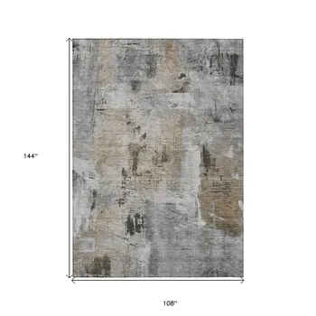 9' X 12' Gray Ivory And Brown Abstract Washable Indoor Outdoor Area Rug