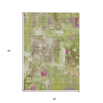 5' X 8' Lime Green Ivory And Pink Abstract Washable Indoor Outdoor Area Rug