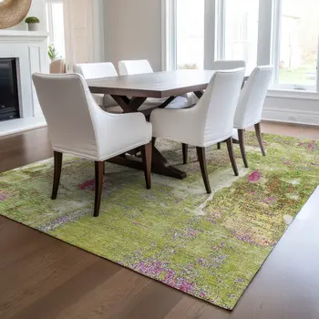5' X 8' Lime Green Ivory And Pink Abstract Washable Indoor Outdoor Area Rug