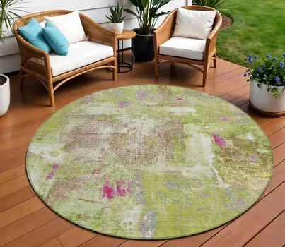 8' Lime Green Ivory And Pink Round Abstract Washable Indoor Outdoor Area Rug
