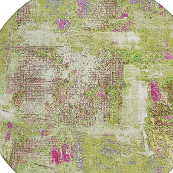 8' Lime Green Ivory And Pink Round Abstract Washable Indoor Outdoor Area Rug