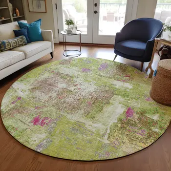 8' Lime Green Ivory And Pink Round Abstract Washable Indoor Outdoor Area Rug