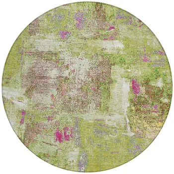 8' Lime Green Ivory And Pink Round Abstract Washable Indoor Outdoor Area Rug