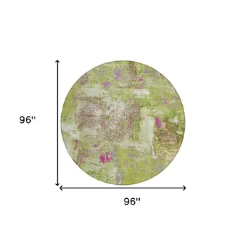 8' Lime Green Ivory And Pink Round Abstract Washable Indoor Outdoor Area Rug