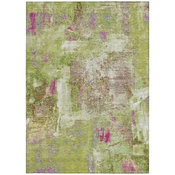 9' X 12' Lime Green Ivory And Pink Abstract Washable Indoor Outdoor Area Rug