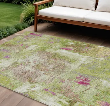 10' X 14' Lime Green Ivory And Pink Abstract Washable Indoor Outdoor Area Rug