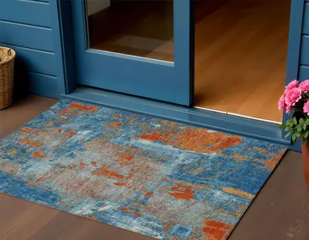 3' X 5' Navy Blue Orange And Ivory Abstract Washable Indoor Outdoor Area Rug