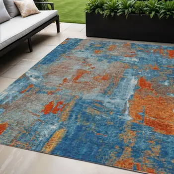 5' X 8' Navy Blue Orange And Ivory Abstract Washable Indoor Outdoor Area Rug