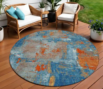 8' Navy Blue Orange And Ivory Round Abstract Washable Indoor Outdoor Area Rug